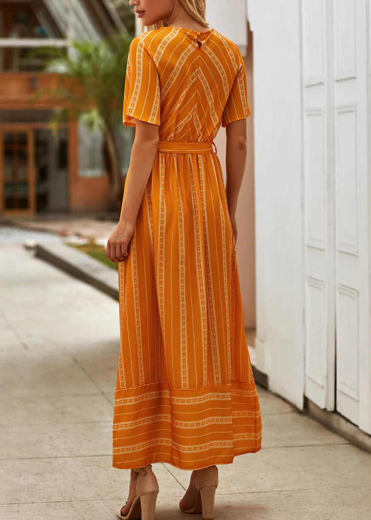 Loose Orange O Neck Striped Tie Waist Cotton Long Dress Summer