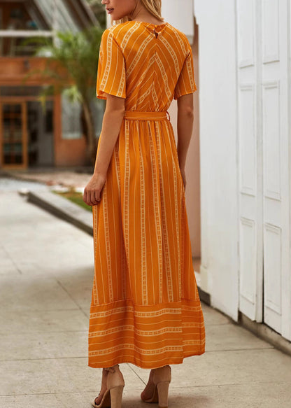 Loose Orange O Neck Striped Tie Waist Cotton Long Dress Summer