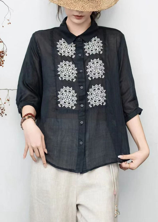 Loose Orange Peter Pan Collar Embroidered Linen Tops Summer