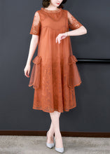 Load image into Gallery viewer, Loose Orange Ruffled Embroidered Tulle Dress Summer