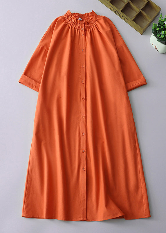 Loose Orange Stand Collar Button Pockets Linen Blouses Dress Summer