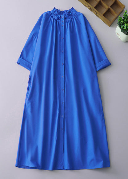 Loose Orange Stand Collar Button Pockets Linen Blouses Dress Summer