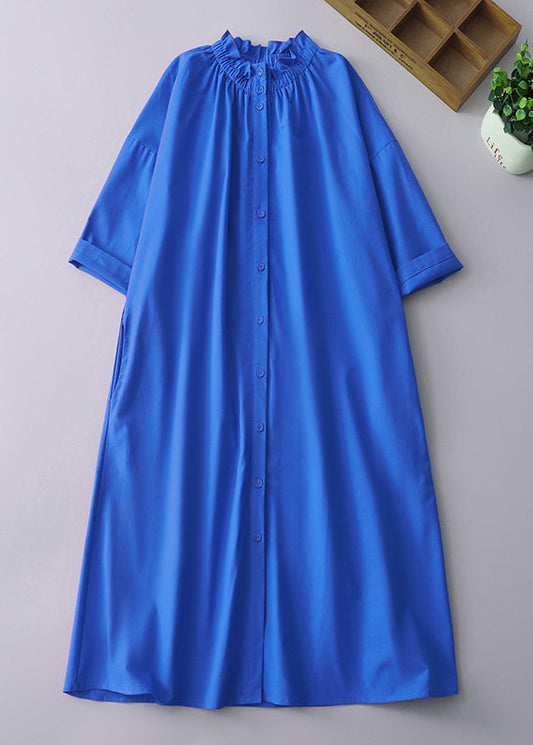 Loose Orange Stand Collar Button Pockets Linen Blouses Dress Summer