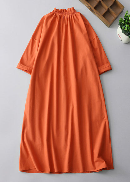 Loose Orange Stand Collar Button Pockets Linen Blouses Dress Summer