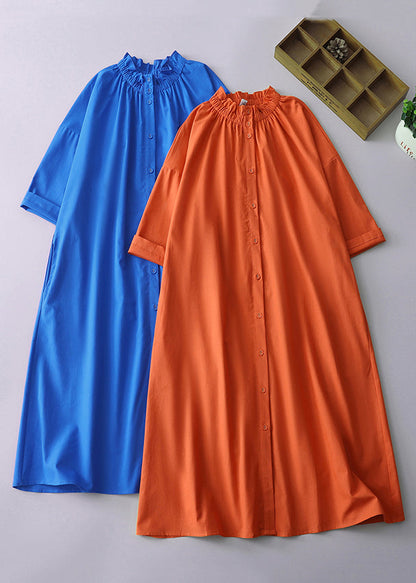 Loose Orange Stand Collar Button Pockets Linen Blouses Dress Summer