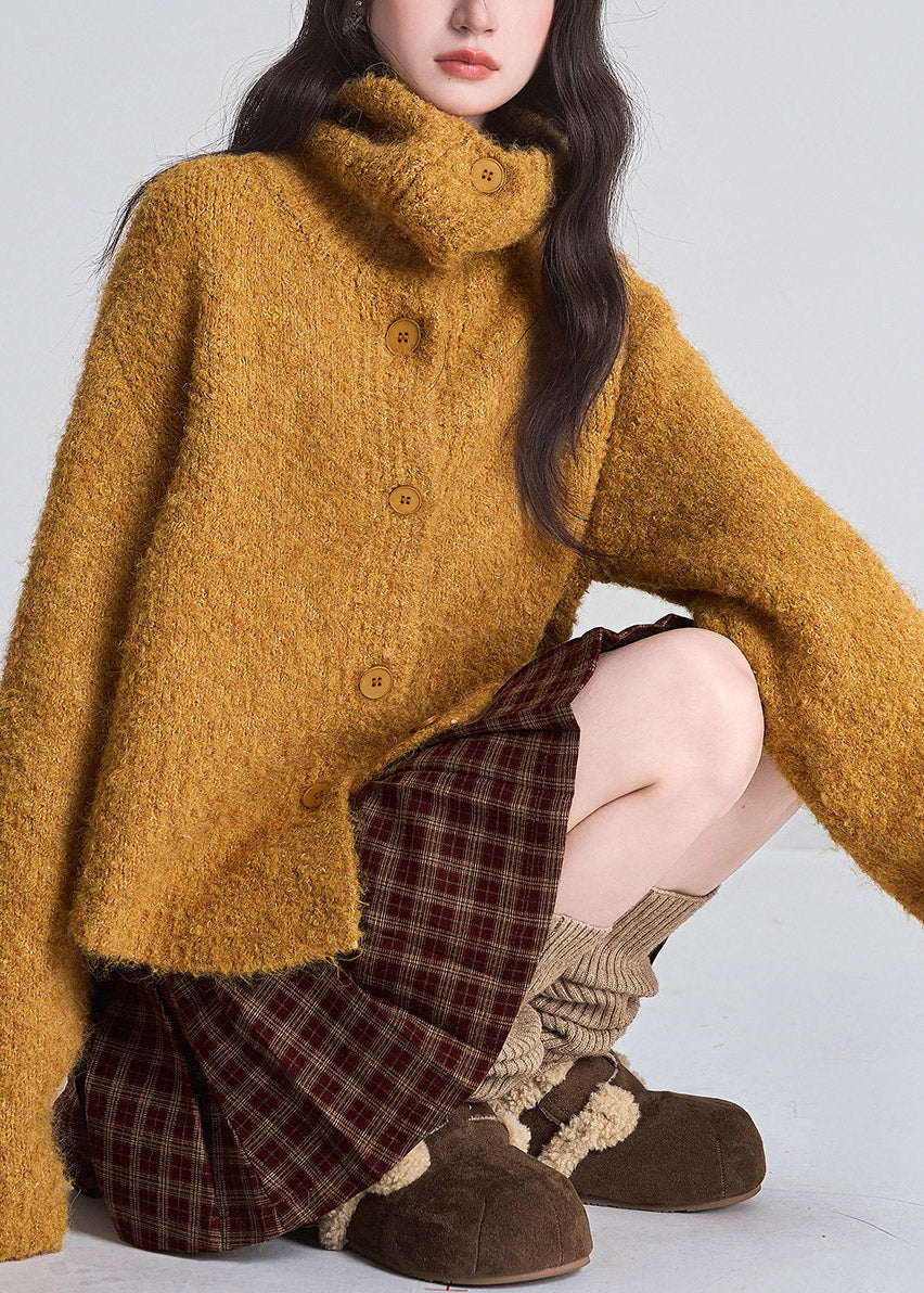 Loose Orange Stand Cozy Collar Cotton Knit Cardigan Fall
