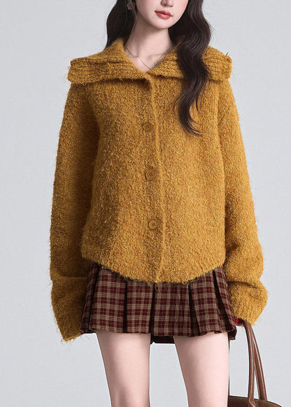 Loose Orange Stand Cozy Collar Cotton Knit Cardigan Fall