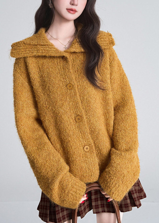 Loose Orange Stand Cozy Collar Cotton Knit Cardigan Fall