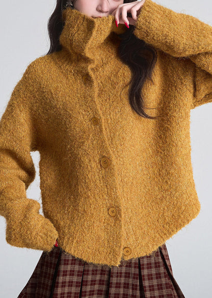 Loose Orange Stand Cozy Collar Cotton Knit Cardigan Fall