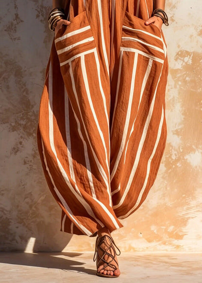 Loose Orange Striped Big Pockets Cotton Jumpsuits Summer