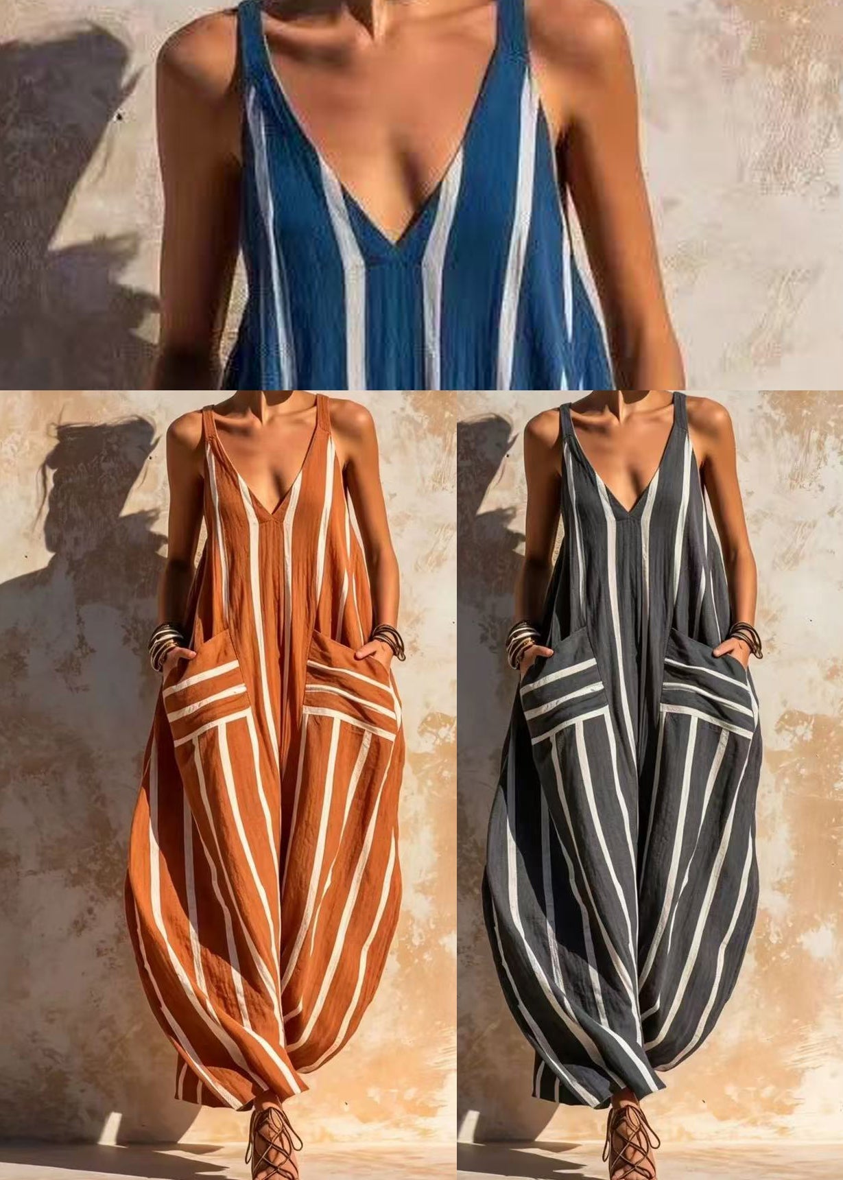 Loose Orange Striped Big Pockets Cotton Jumpsuits Summer
