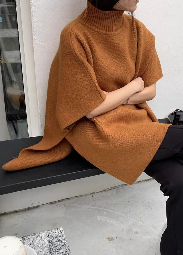 Loose Orange Turtleneck Side Open Cozy Knit Sweaters Spring