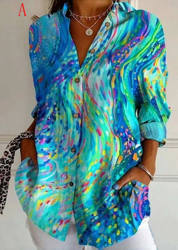 Loose Peter Pan Collar Print Button Cotton Blouses Long Sleeve