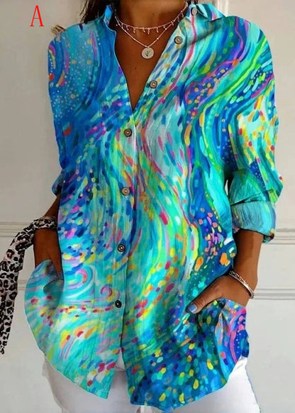 Loose Peter Pan Collar Print Button Cotton Blouses Long Sleeve