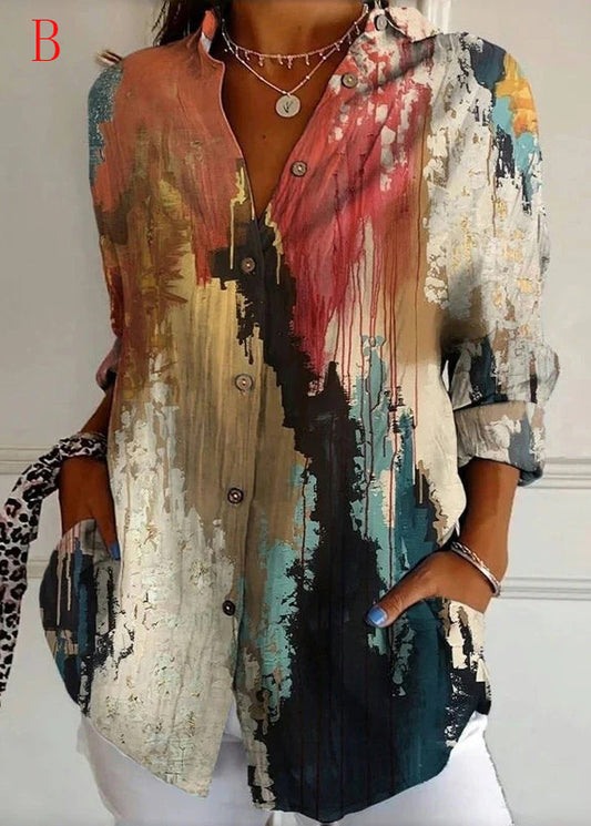 Loose Peter Pan Collar Print Button Cotton Blouses Long Sleeve