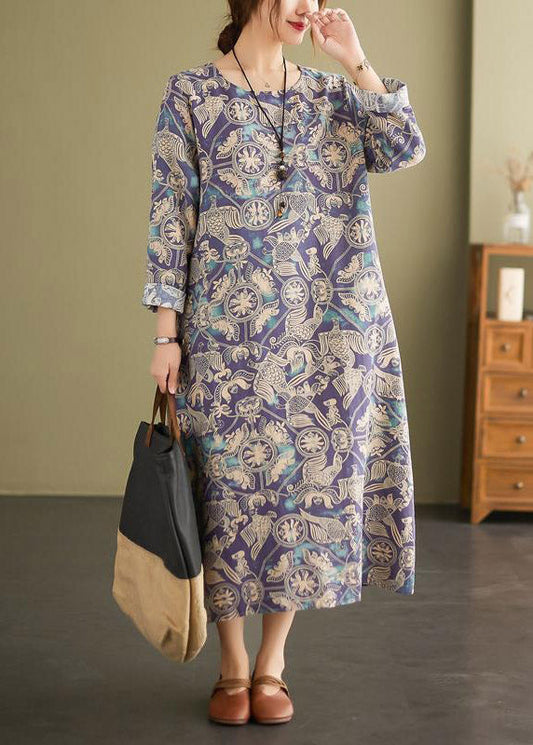 Loose Photo Color O-Neck Print Pockets Dress Long Sleeve
