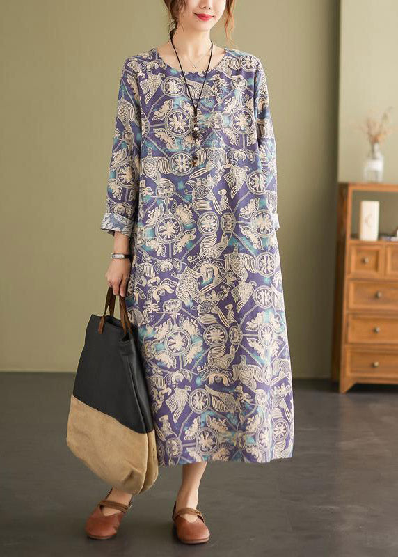 Loose Photo Color O-Neck Print Pockets Dress Long Sleeve