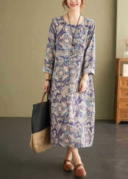 Loose Photo Color O-Neck Print Pockets Dress Long Sleeve