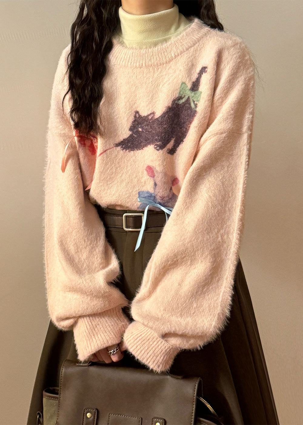 Loose Pink Animal Print Bow Mink Hair Knitted Sweater Tops Spring