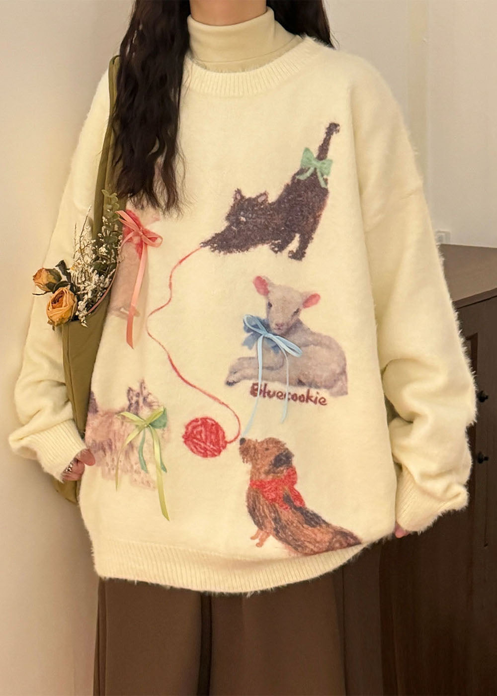 Loose Pink Animal Print Bow Mink Hair Knitted Sweater Tops Spring