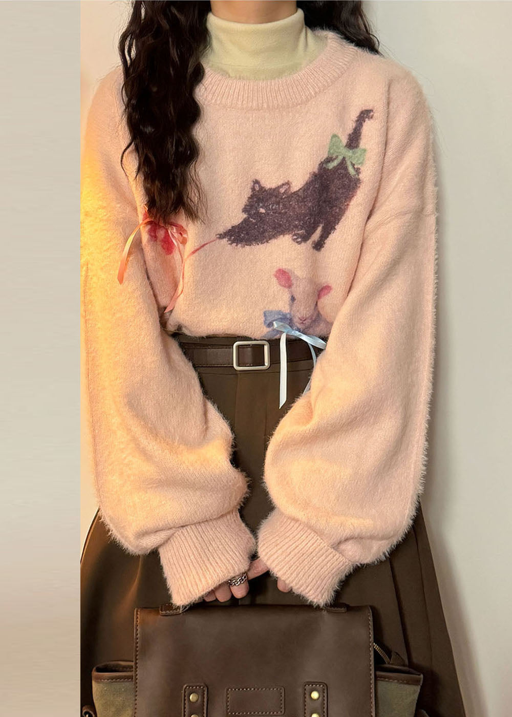 Loose Pink Animal Print Bow Mink Hair Knitted Sweater Tops Spring