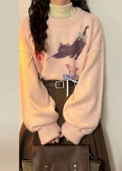 Loose Pink Animal Print Bow Mink Hair Knitted Sweater Tops Spring