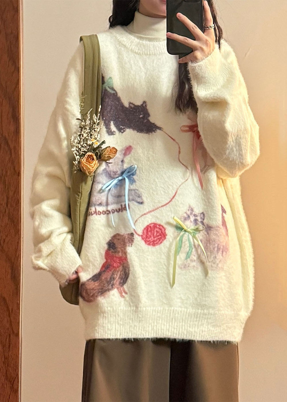 Loose Pink Animal Print Bow Mink Hair Knitted Sweater Tops Spring