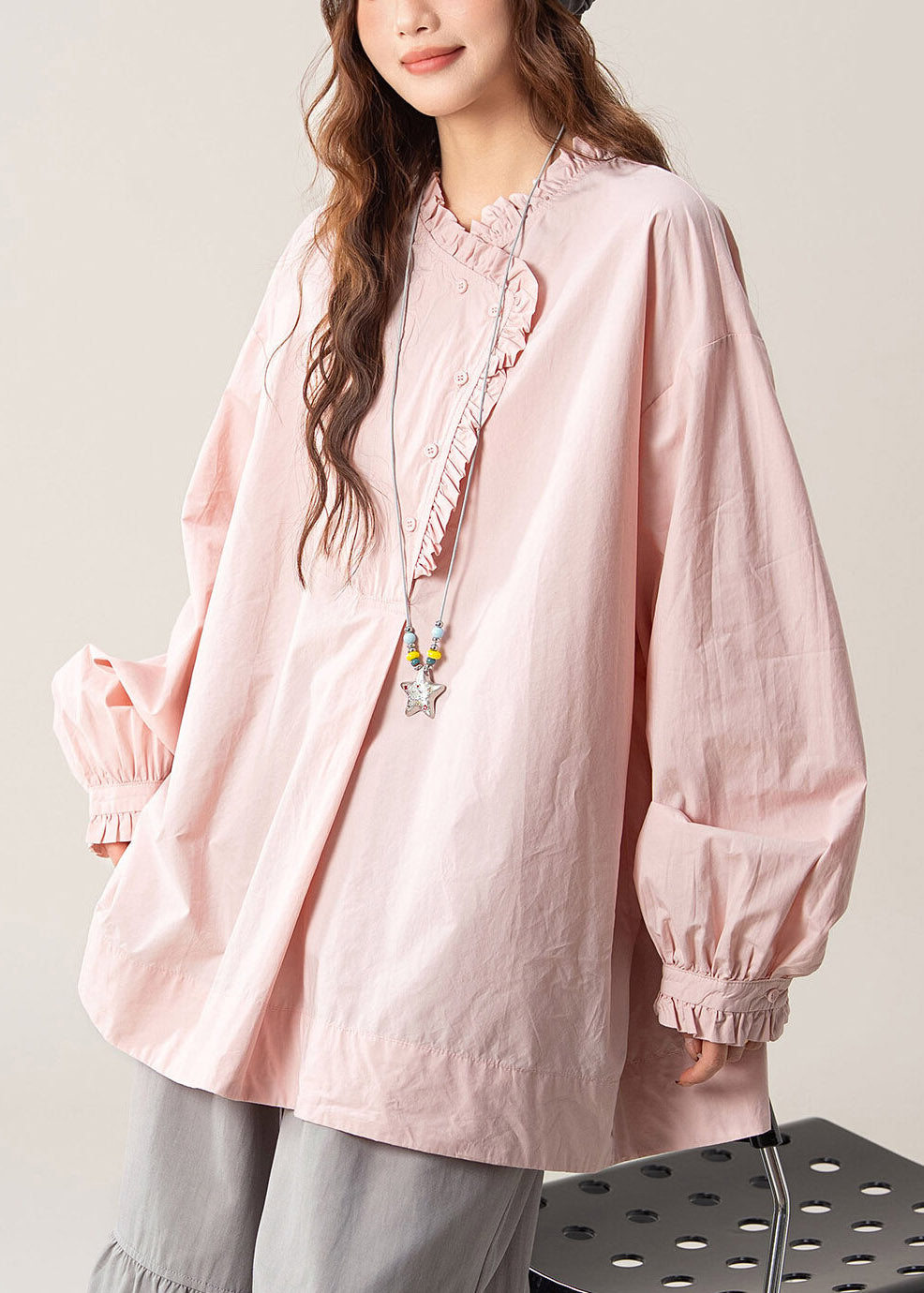 Loose Pink Asymmetrical Ruffled Solid Shirts Fall
