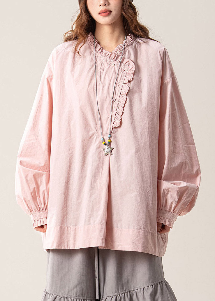 Loose Pink Asymmetrical Ruffled Solid Shirts Fall