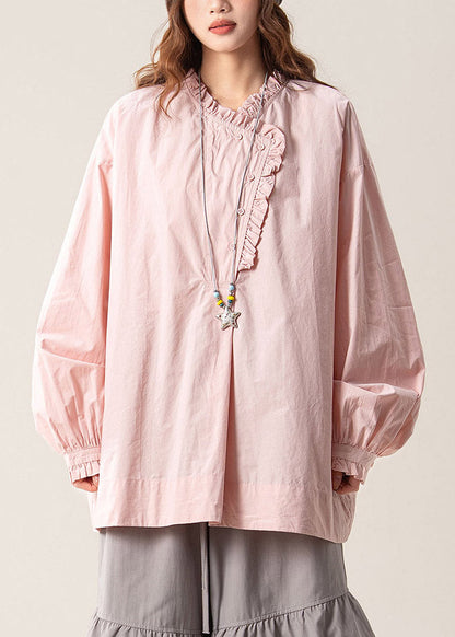 Loose Pink Asymmetrical Ruffled Solid Shirts Fall