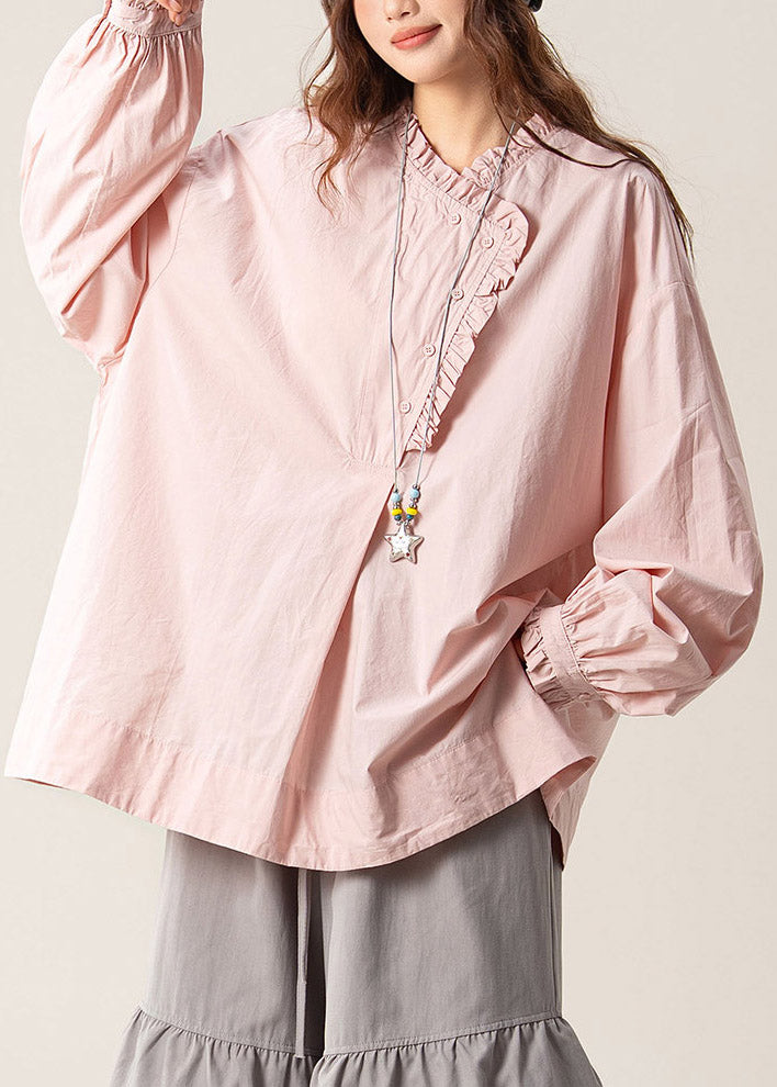 Loose Pink Asymmetrical Ruffled Solid Shirts Fall