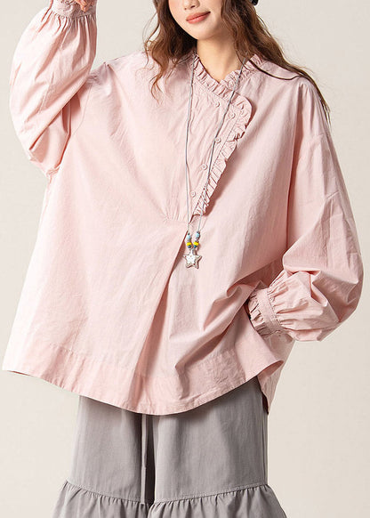 Loose Pink Asymmetrical Ruffled Solid Shirts Fall