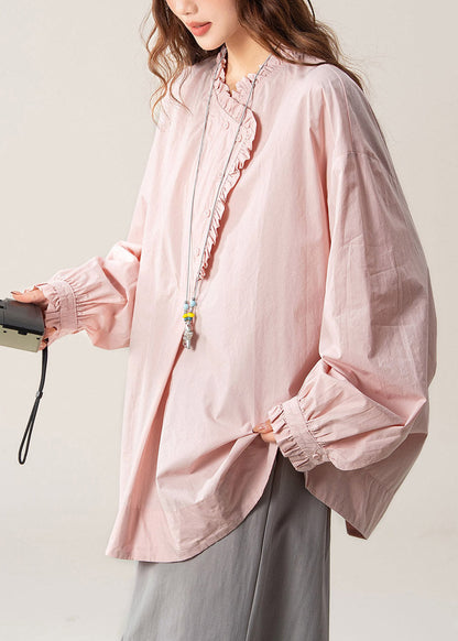 Loose Pink Asymmetrical Ruffled Solid Shirts Fall