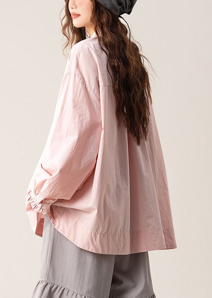 Loose Pink Asymmetrical Ruffled Solid Shirts Fall