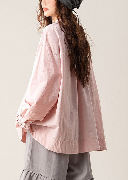 Loose Pink Asymmetrical Ruffled Solid Shirts Fall