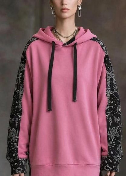 Loose Pink Colorblock Print Hooded Drawstring Sweatshirt Fall