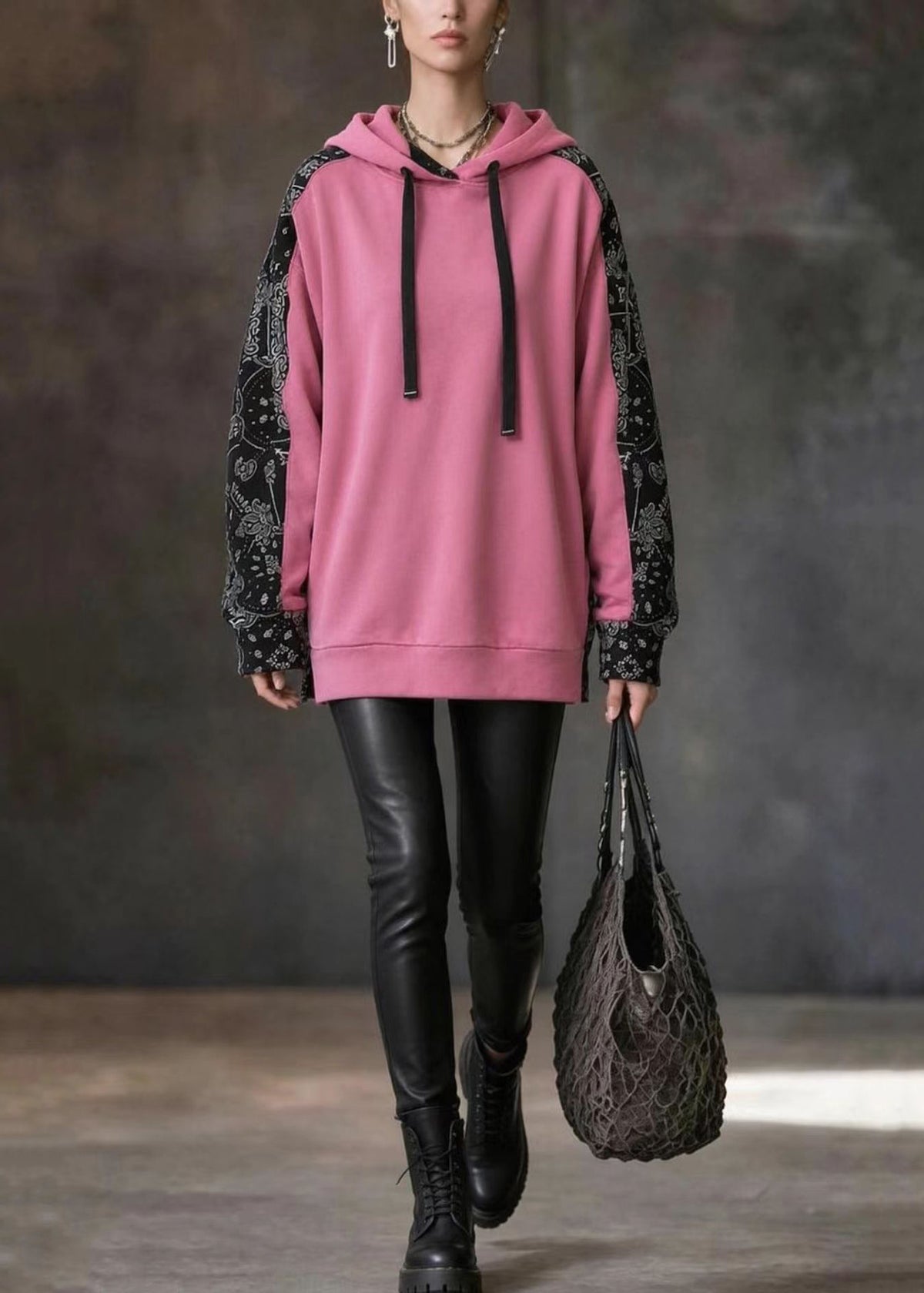 Loose Pink Colorblock Print Hooded Drawstring Sweatshirt Fall