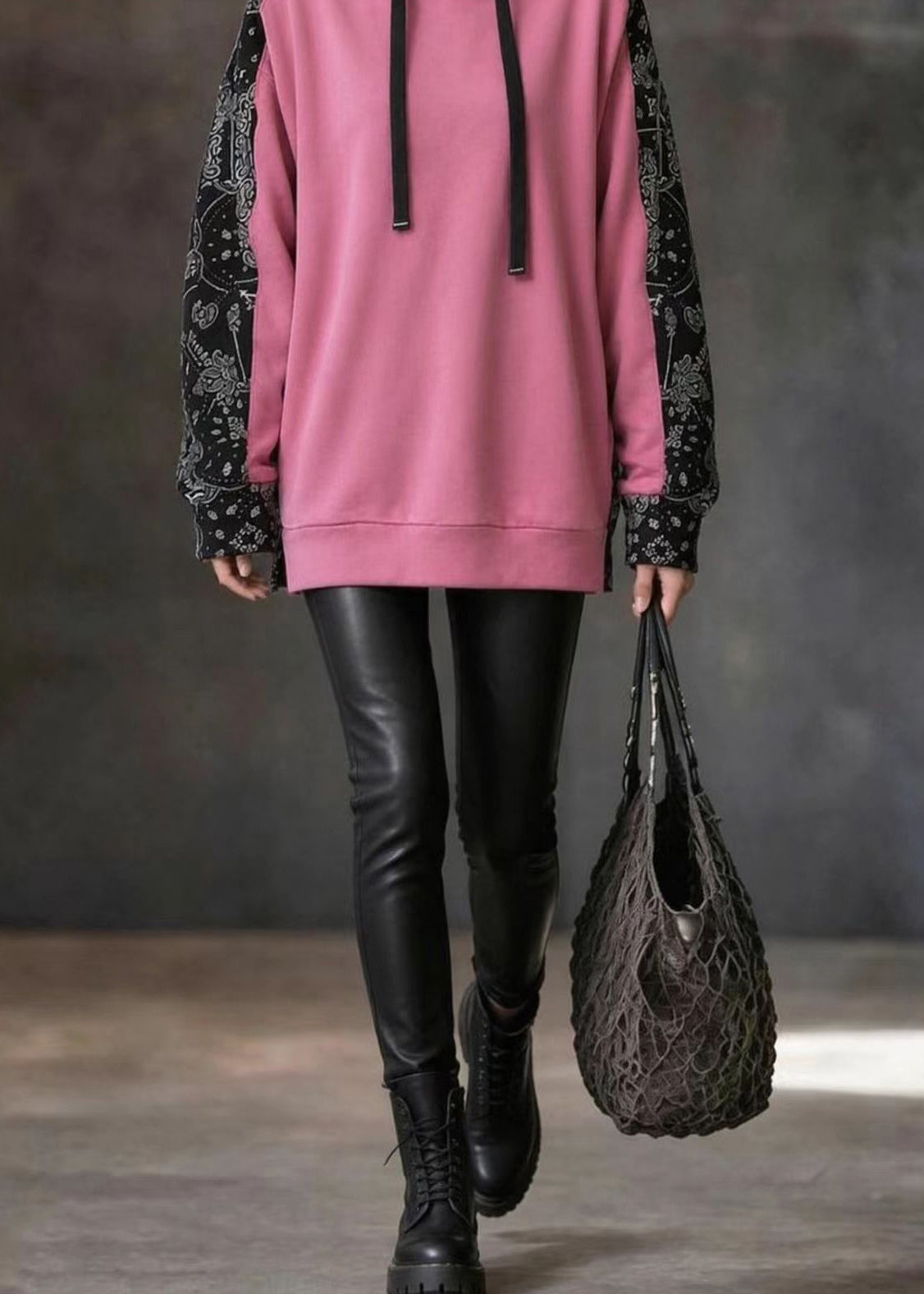 Loose Pink Colorblock Print Hooded Drawstring Sweatshirt Fall