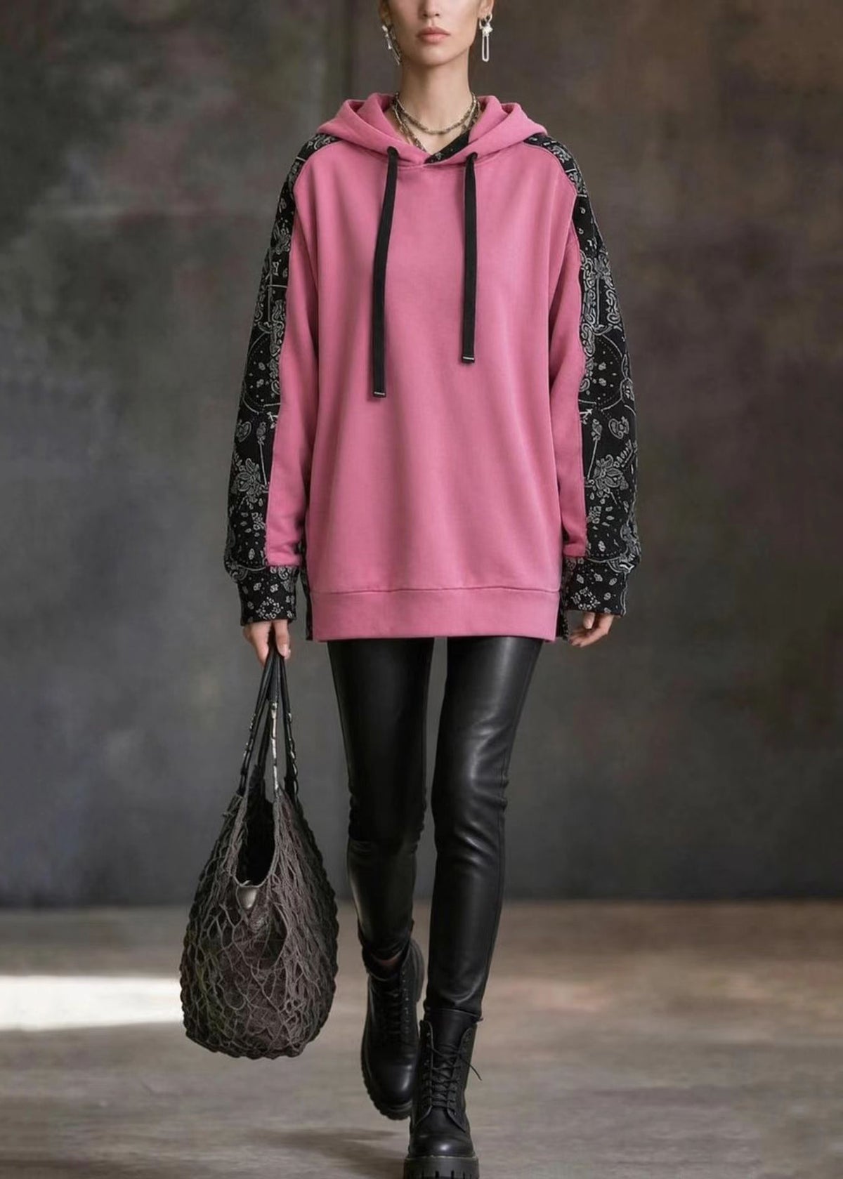 Loose Pink Colorblock Print Hooded Drawstring Sweatshirt Fall