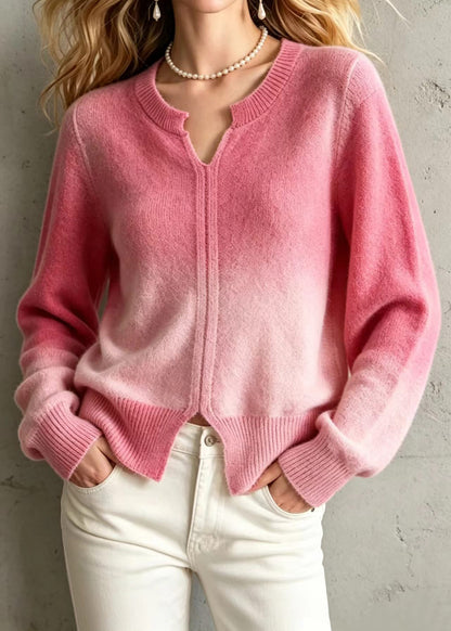 Loose Pink Gradient V Neck Knit Sweaters Fall