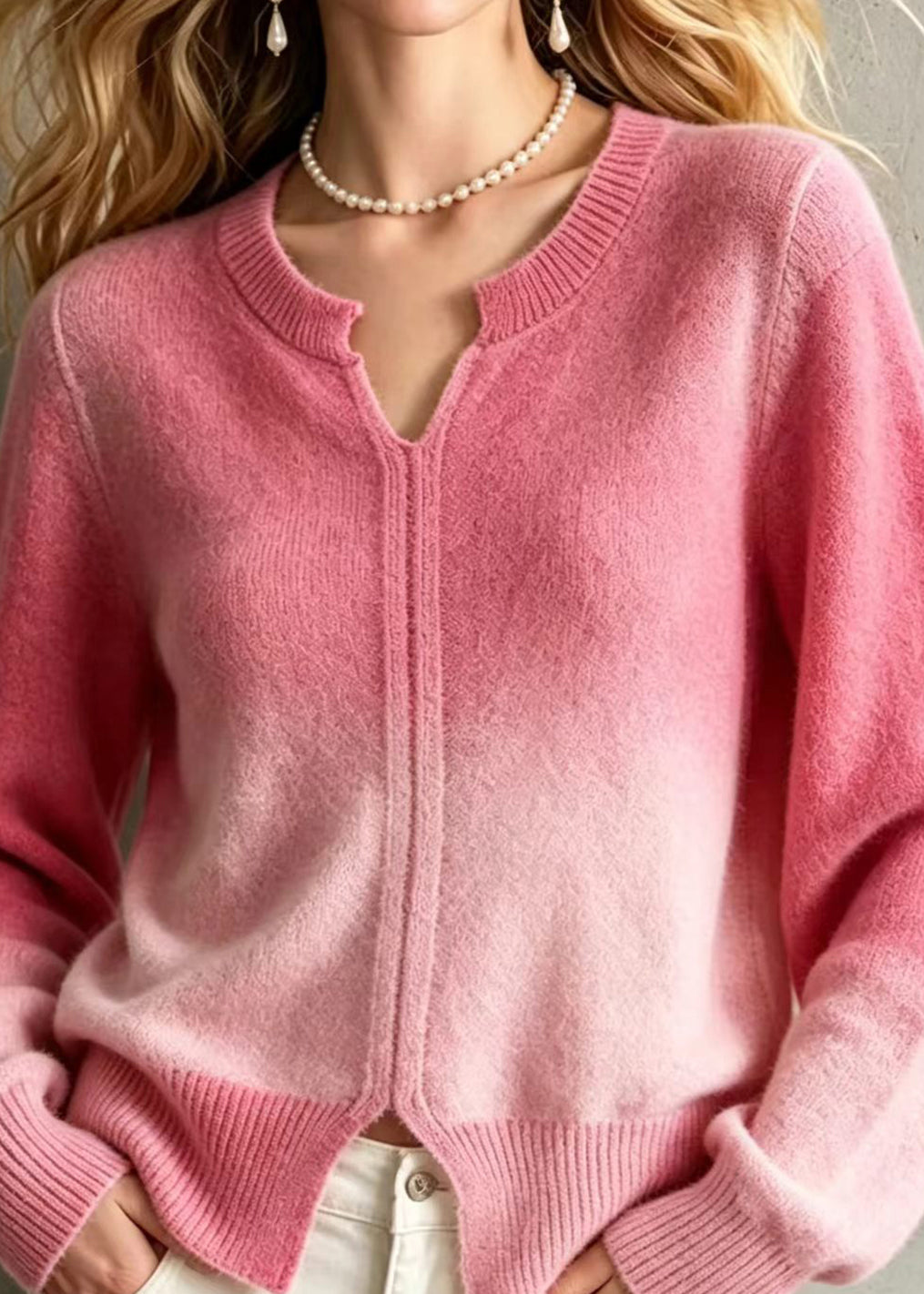Loose Pink Gradient V Neck Knit Sweaters Fall