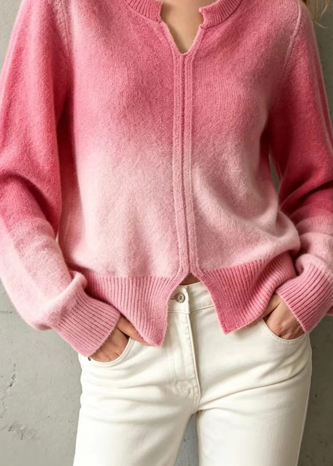Loose Pink Gradient V Neck Knit Sweaters Fall