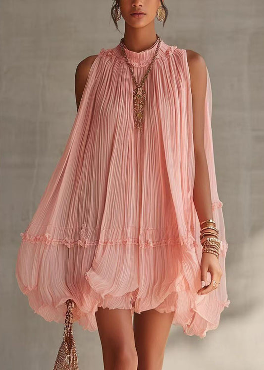 Loose Pink Halter Wrinkled Mini Dress Sleeveless