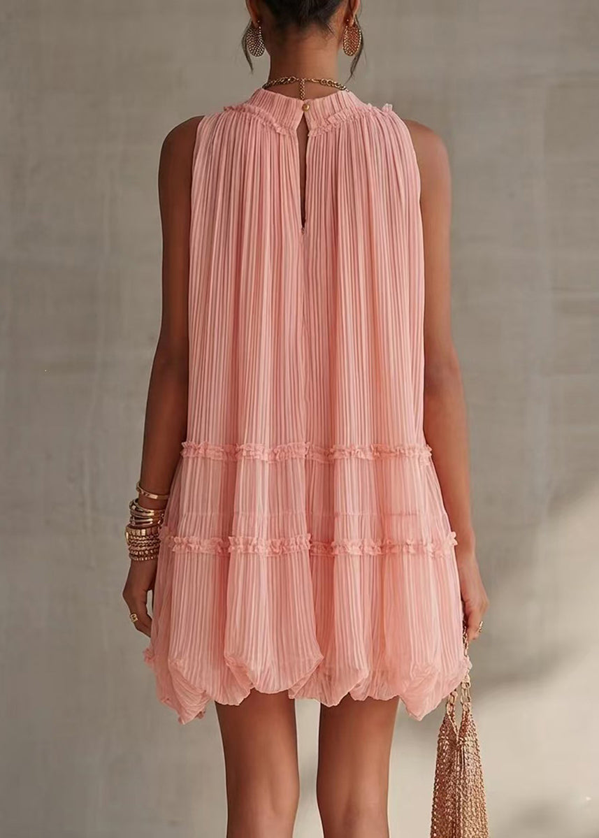 Loose Pink Halter Wrinkled Mini Dress Sleeveless