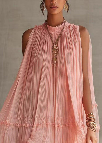 Loose Pink Halter Wrinkled Mini Dress Sleeveless