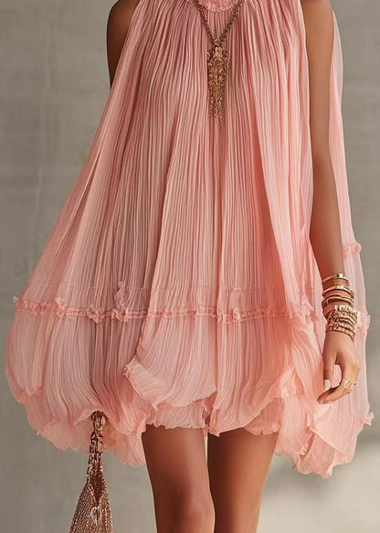 Loose Pink Halter Wrinkled Mini Dress Sleeveless