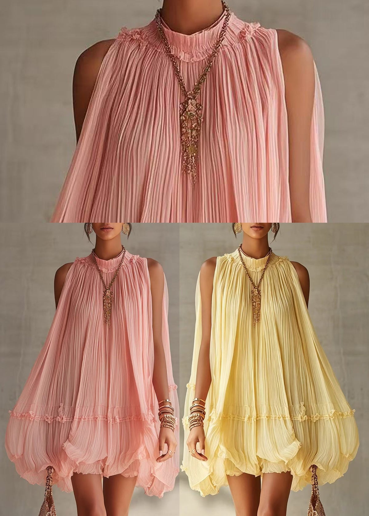 Loose Pink Halter Wrinkled Mini Dress Sleeveless