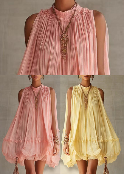 Loose Pink Halter Wrinkled Mini Dress Sleeveless