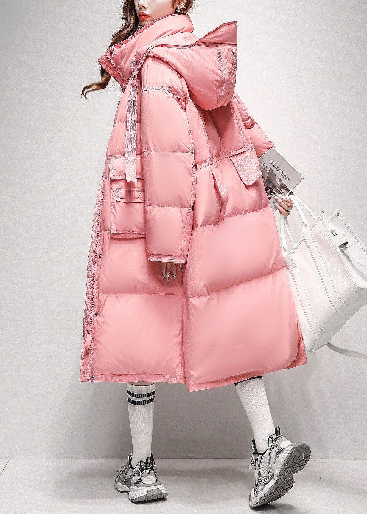 Loose Pink Hooded Pockets Duck Down Long Puffer Coat Winter