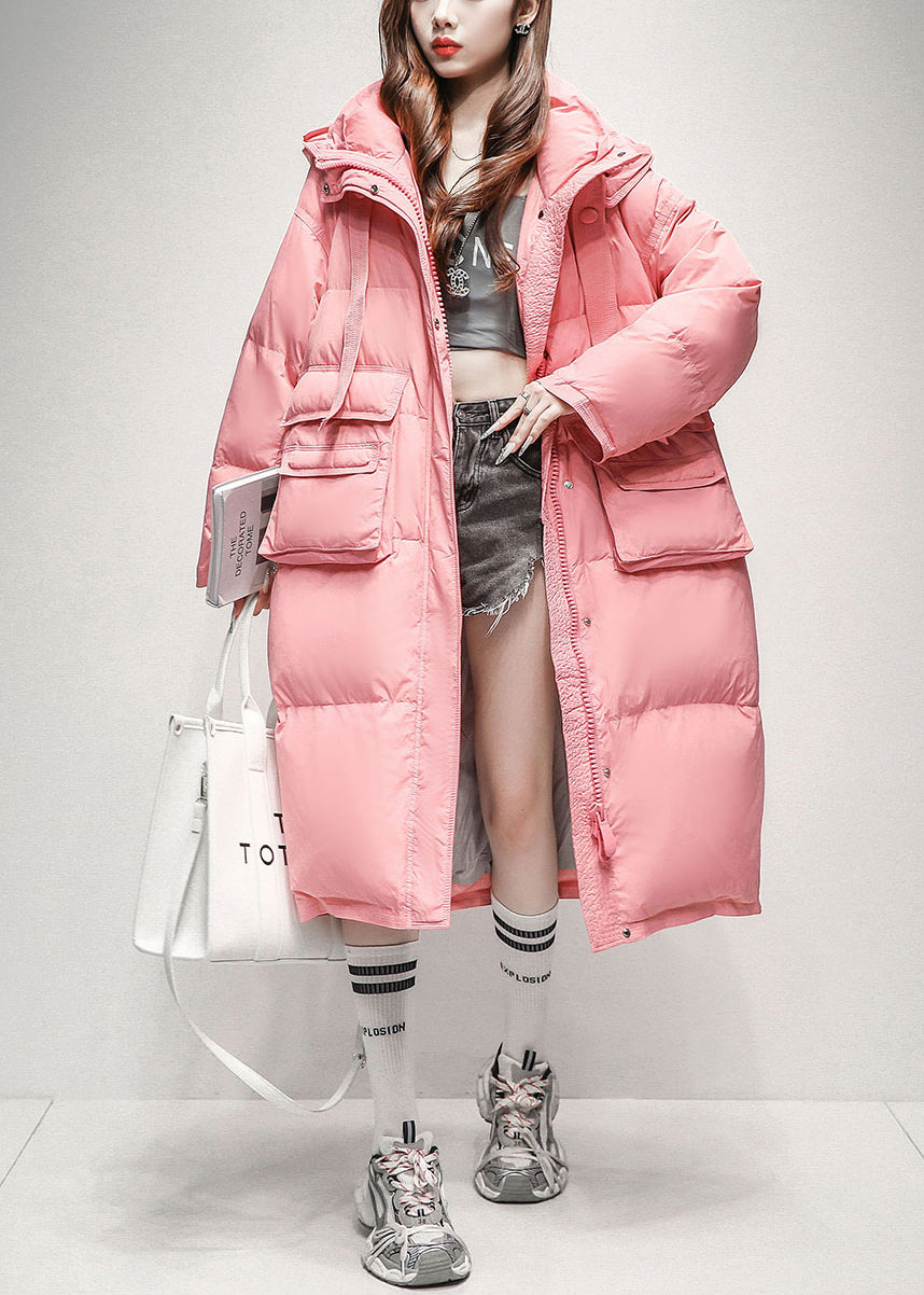Loose Pink Hooded Pockets Duck Down Long Puffer Coat Winter
